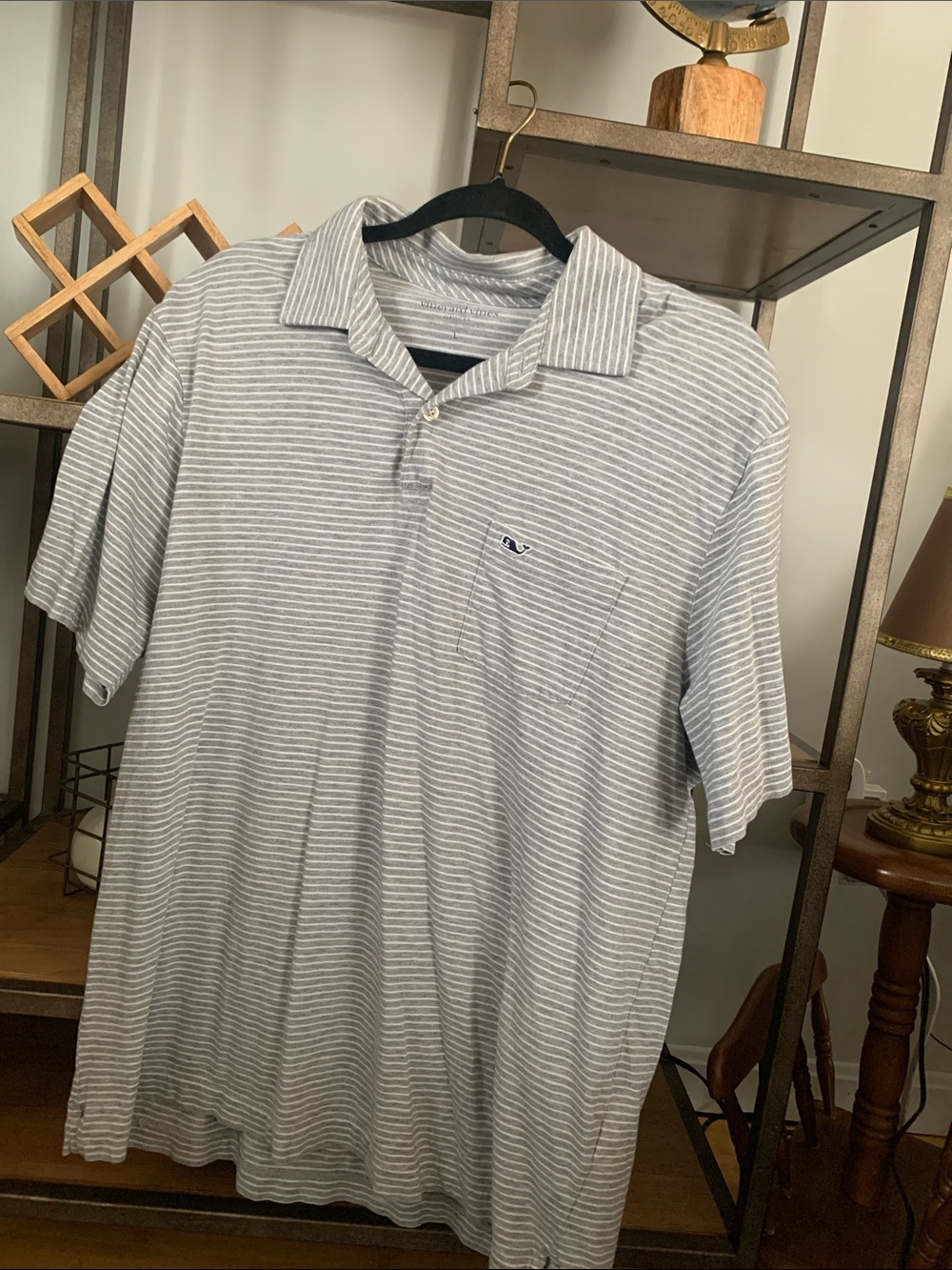 Vineyard Vines Light Gray and White Striped Polo